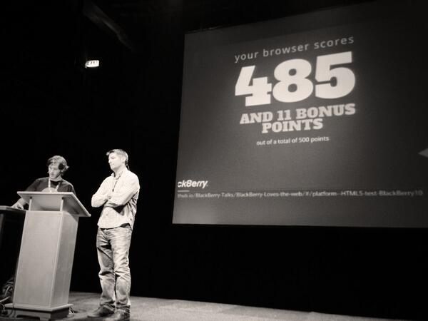 html5test's tweet image. BlackBerry on stage to talk about building web apps #pgday #html5test
