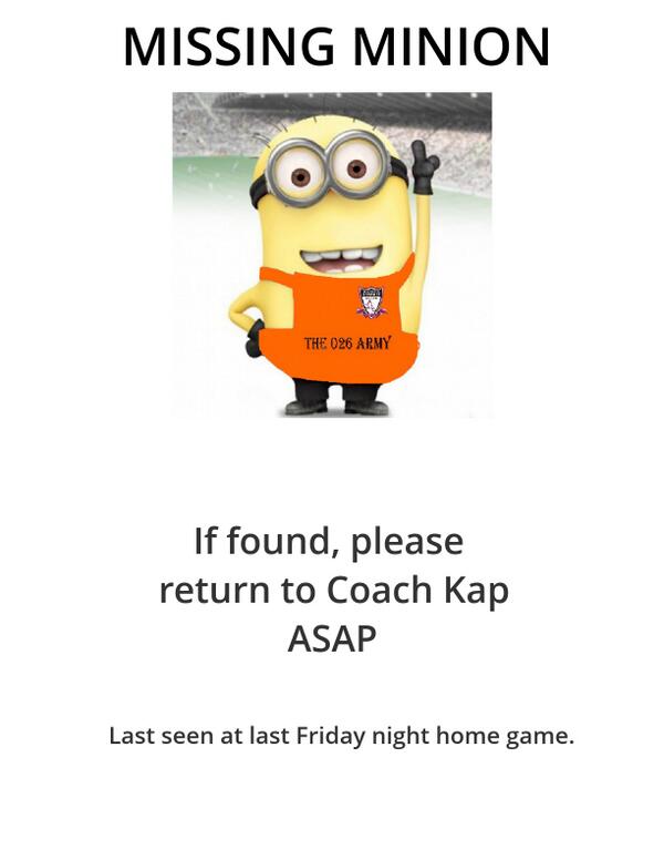 Missing Minion!  If found, please return to Coach Kap ASAP.  #FindTheMinion