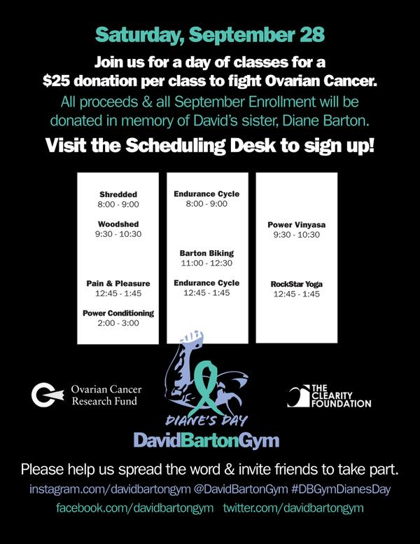 DBGymChicago's tweet photo. #DBGymDianesDay @DBGymChicago Sat 9.28. #FightOvarianCancer w/CLASS - $25 per class donation to @OCRF 312.836.9127 http://t.co/H3LkGWJGUi