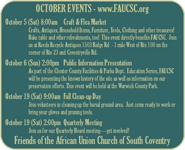 Check out our October events and get involved! #ChesterCounty #AfricanAmerican #History #Volunteer