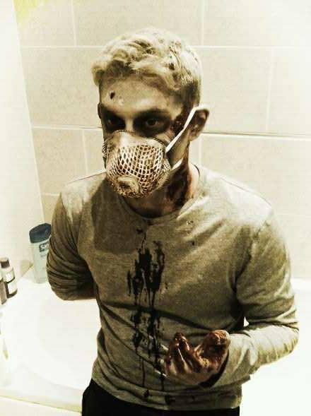 PickeringRJames's tweet photo. Patrick Heath in makeup for short-short film Twistered. Super makeup artists, Sarah Walker and Lucy MaeGaunt #zombie http://t.co/GmhTlkwx6I