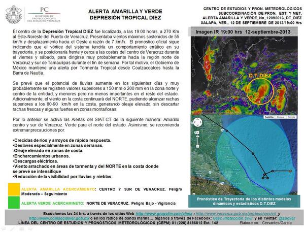 spcver's tweet photo. 19:00 hrs. Aún como #DepresiónTropical DIEZ, fue localizada a 270 km al ENE de #Veracruz. Próximo aviso 22 horas. http://t.co/PFQVvMdD2S