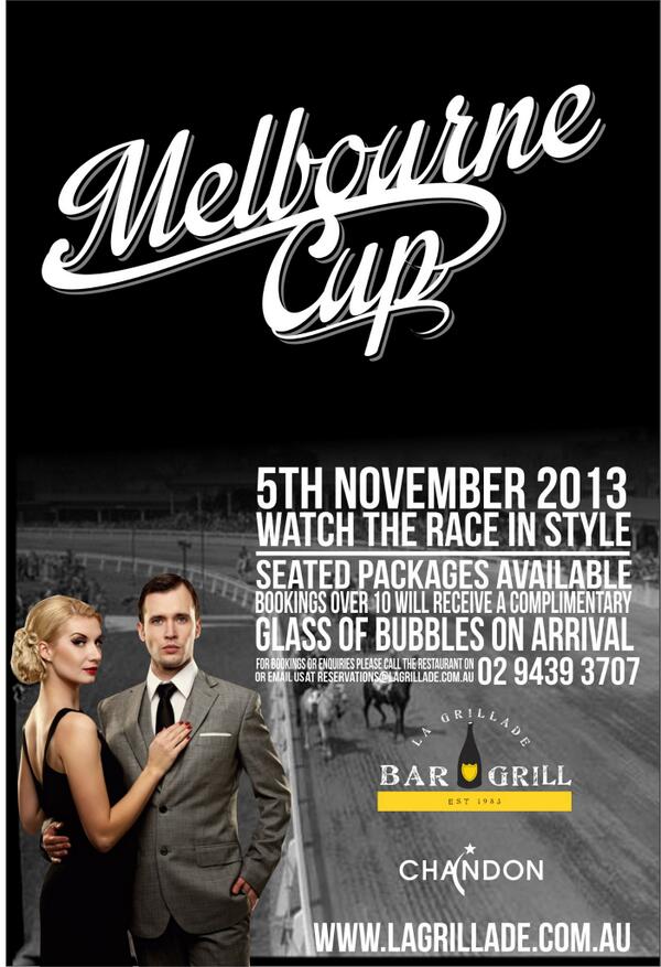 LaGrillade2's tweet photo. Melbourne Cup is just around the corner!

Have you booked your table? 

RSVP-reservations@lagrillade.com.au http://t.co/HntZ1aUSNR