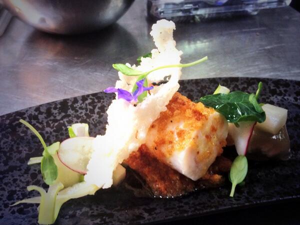 Red emperor, brioche lemon butter, puffed rice , spanner crab w apple cucumber Flowerdale produce table direct plate