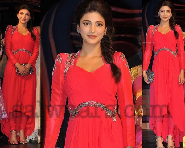 TheLabel_GG's tweet photo. @shrutihaasan in orange laser fabric salwar suit with jardhosi work from Gaurav Gupta at CineMaa Awards http://t.co/jvADPakGCW