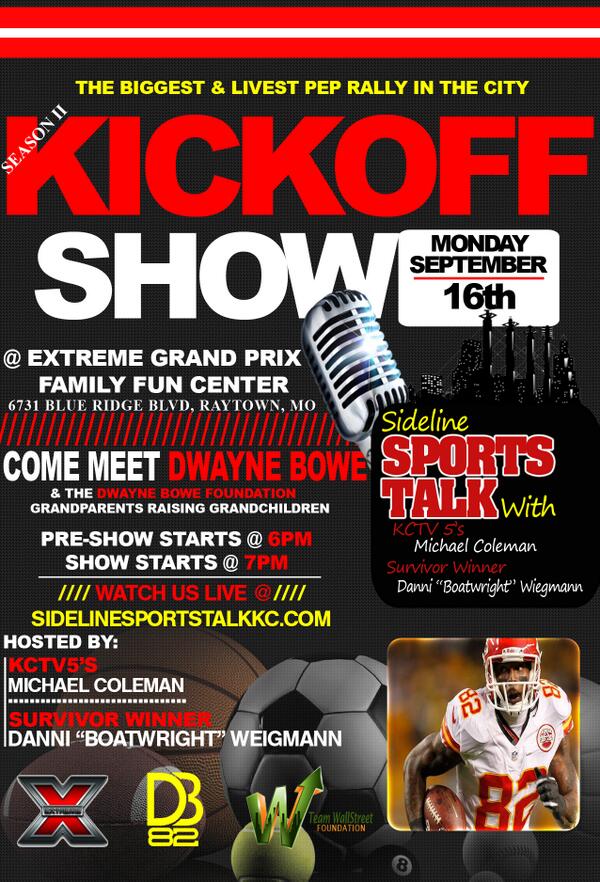 SidelineSportKC's tweet photo. @SidelineSportKC + @dbowefoundation on Monday Sep 16th @XtremeGrandPrix | Meet @DwayneBowe82 | Season II show kickoff http://t.co/oXCTE73BRa