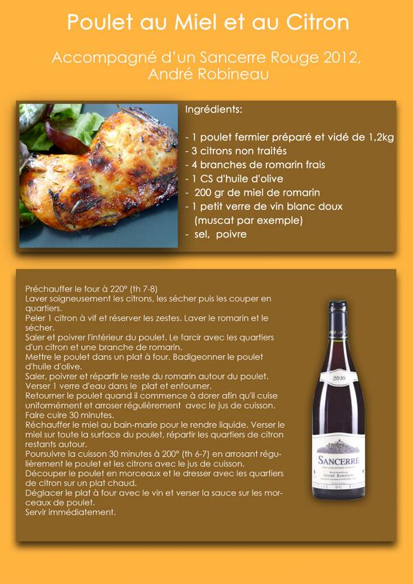 Veyna3's tweet photo. Recette : Poulet au Miel et au Citron accompagné d'un Sancerre 2012, rouge, André Robineau http://t.co/Uil763IQaq http://t.co/THUIcmSz4y