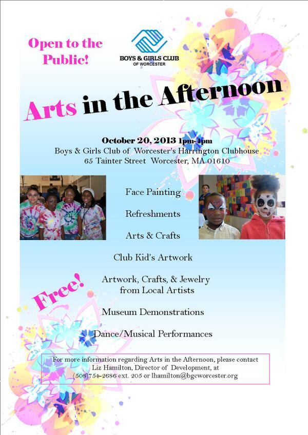 Participate is Art in the Afternoon at the Boys &amp; Girls Club on October 20, 2013. See flyer for more details!