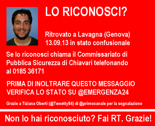 Emergenza24's tweet photo. PLEASE RT [13.09] CHI LO RICONOSCE? Ritrovato a #Lavagna #Genova SEGUITECI PER AGGIORNAMENTI #emergenza24 http://t.co/u5cmU4DLbC