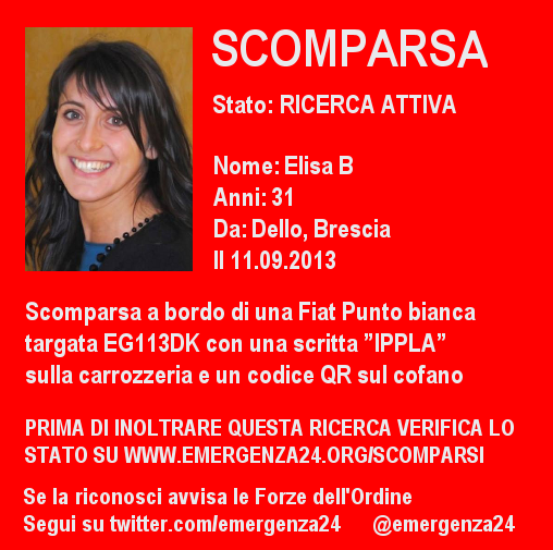 Emergenza24's tweet photo. PLEASE RT [13.09] CERCHIAMO UNA DONNA (31) #SCOMPARSA DA #BRESCIA  SEGUITECI PER AGGIORNAMENTI #emergenza24 http://t.co/LRtAHjXbRL