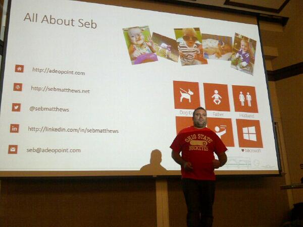 nmoneypenny's tweet image. Now @sebmatthews keynote, stripped off his speaker shirt to win over OH audience #spscbus