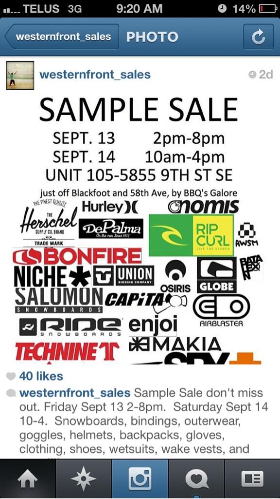 JamGallagher1's tweet photo. Sample sale this weekend for everything you need! Check it out! #westernfront #TheAkademy #snowboard http://t.co/R2iZZBtgus