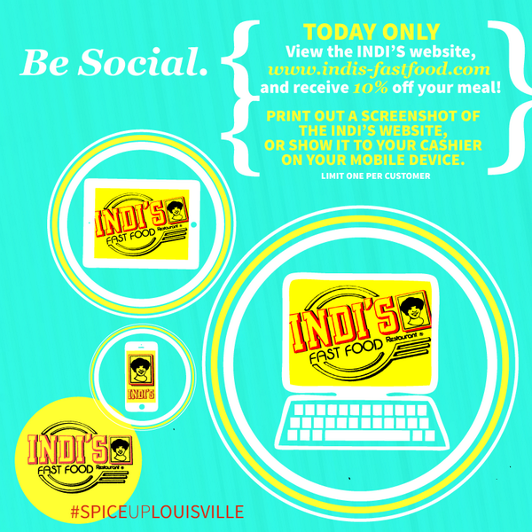 Indis_FastFood's tweet photo. Be Social! Connect with Indi's by viewing our website http://t.co/9R7PjBxUvi TODAY ONLY and receive 10% off your meal http://t.co/OR1a9yKARI