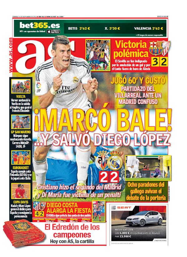 diarioas's tweet photo. ¡Buenos días!. El debut de Bale, victorias de Barça y Atleti. ¡No te pierdas la portada de AS! http://t.co/QqkEVe2ipf http://t.co/S4fHTZ9K4T
