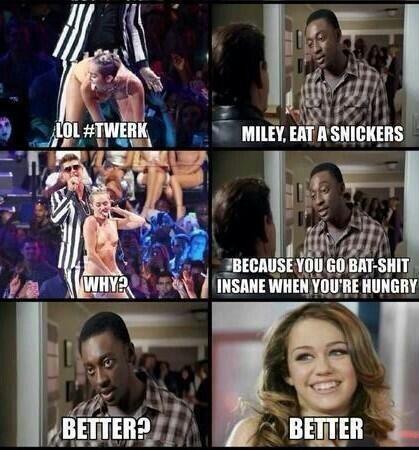 DamnHiIarious's tweet image. Miley, eat a Snickers