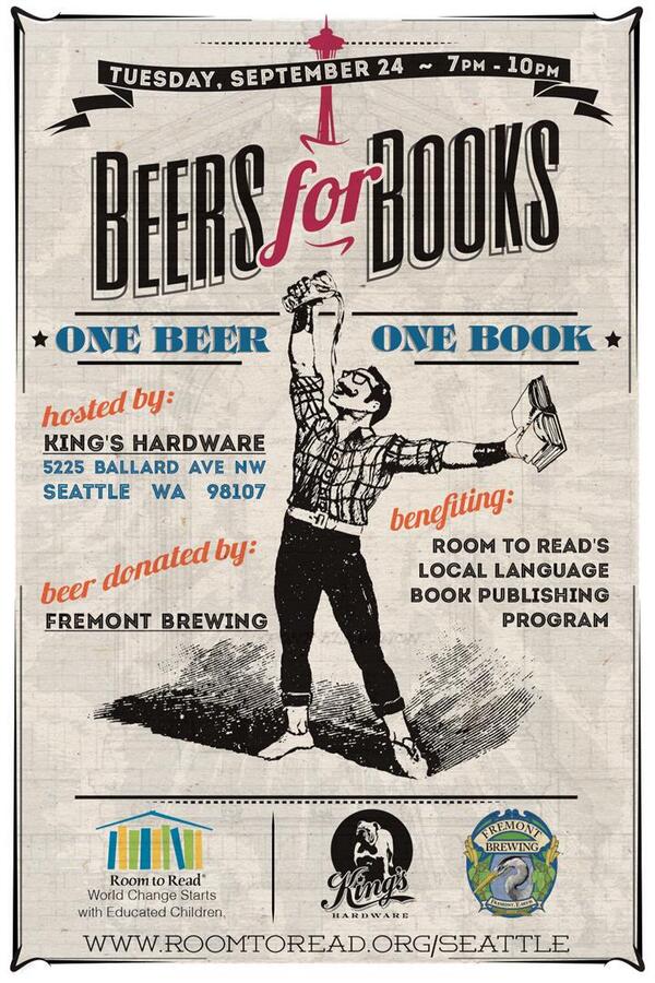 Join us! Sept24 at <a href="/kingsballard/">King's Hardware</a> for <a href="/beers4books/">Beers for Books</a> benefitting <a href="/RoomtoRead/">Room to Read</a> - goo.gl/BMuJC9 #education #beer