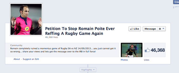brfootball's tweet photo. The anti Romain Poite campaign could soon fill Eden Park after his performance in NZ v SA. #StopPoite also trending. http://t.co/Z3v3oXwyIt