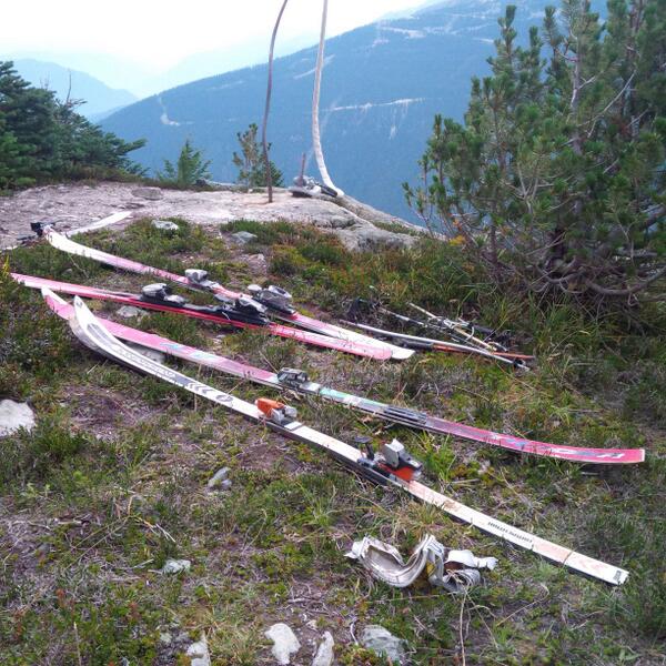 LeeCarroll3's tweet photo. Ski graveyard in Harmony. The rossi's &amp; atomics have gotten with the times and started to Rocker! #Whistlerunfiltered http://t.co/XkJyAoXCOE