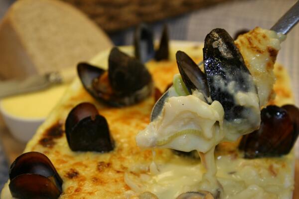 Suffolk Stargazy Pie, Deben mussels escaping an Aspall cyder, Bramfield bacon &amp; leek cream gratin, <a href="/shuckfestival/">The Woodbridge Shuck</a>