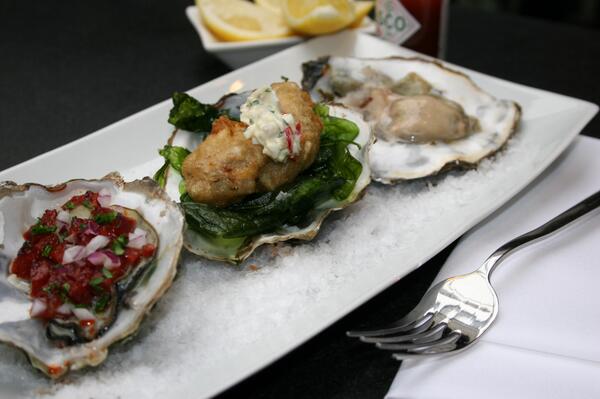yummy hot &amp; cold Deben oysters, crisp fried with gribiche; au naturel with lemon; chorizo, parsley &amp; red onion