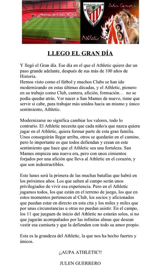 8JULENGUERRERO's tweet photo. Hoy vuelve a nacer San Mamés, día especial en la Historia del Athletic!! Llego el gran día... http://t.co/XbUcSPgnce