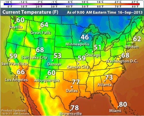 intellicast's tweet photo. Here's a snapshot of current temps across the country. Does it feel like #fall where you are this morning? #weather http://t.co/Jm5N0mkx5U