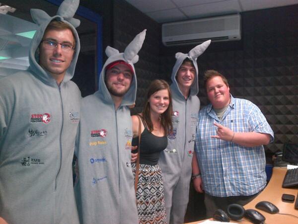 WaynaliciousDJ's tweet photo. Great to have the guys from @RhinoClimb in studio, great cause! Help them out, #stoprhinopoaching #horing http://t.co/9ndWHbtAMw