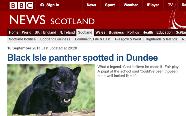 HighlandHerald's tweet photo. HERE, JUS HERD THE BLACK ISLE PANTHER MADE IT ALL THE WAY 2 DUNDEE. FAIR PLAY EH http://t.co/SosEngBueo