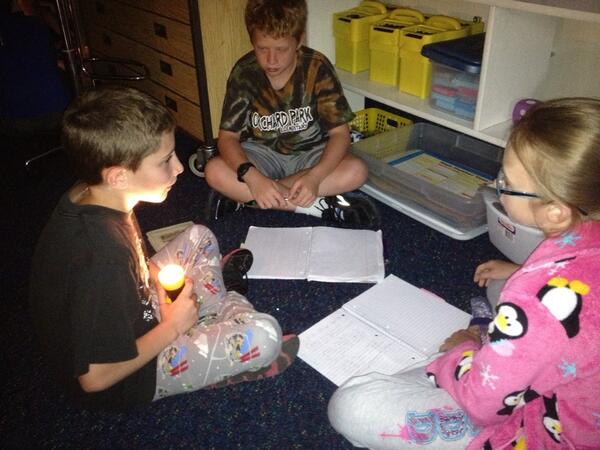 MissSmithOPE's tweet photo. Book clubs by campfire to kick off Spirit Week. Loving our PJs! http://t.co/CIvUS0HTQq