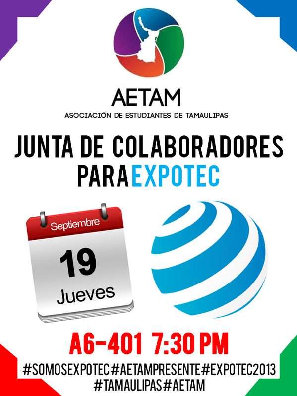 AETAM_mty's tweet photo. Forma parte de la #AETAM en @EXPOTEC_Mty, junta de colaboradores:Jueves 19 de septiembre 7:30PM A6-410.¡TE ESPERAMOS! http://t.co/OkjkL4eaAE