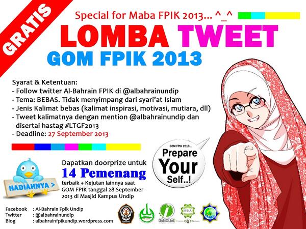 MABA FPIK 2013 yuk ikut Lomba TWEET #GOMFPIK2013. FREE! Ada 14 pemenang. Yuk tweet sbnyk2nya :) cc:<a href="/kelautanUNDIP/">ILMU KELAUTAN UNDIP</a>