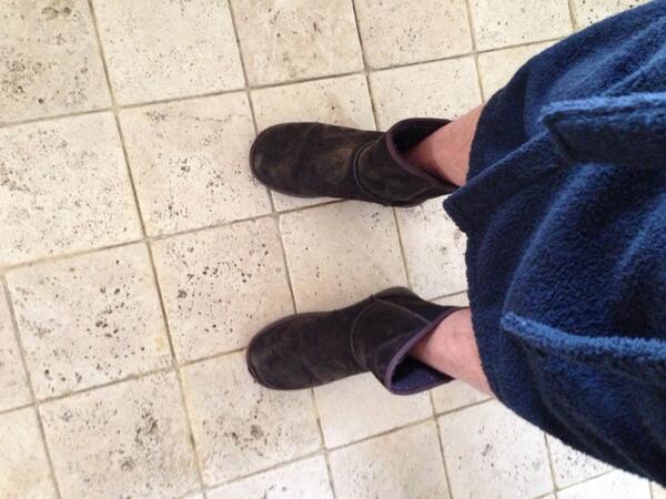 lloydgoodall's tweet image. #LondonFashionWeek brown faux sheepskin ankle boots with blue black terry cloth tie front robe. #morningstyle