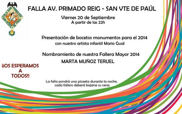 FallaPrimadReig's tweet image. Comenzamos con energía! Viernes 20 a partir de las 22h, PRESENTACIÓN DE BOCETOS y NOMBRAMIENTO FM 2014.
Os esperamos!