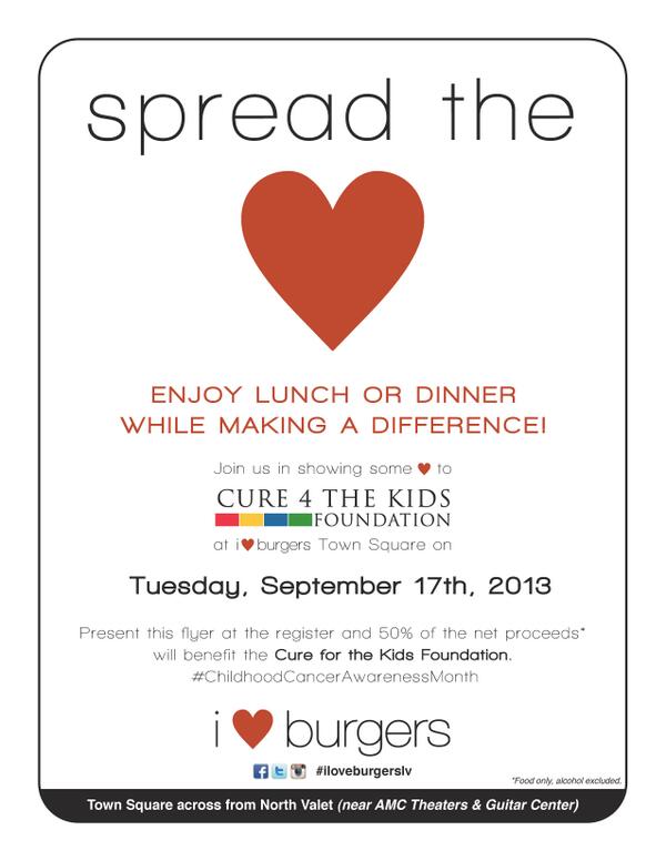 Cure4thekids's tweet image. Burger Day @ilvburgers #TownSquare.  They're donating 50% of proceeds TODAY to us! Just Print or show flyer!