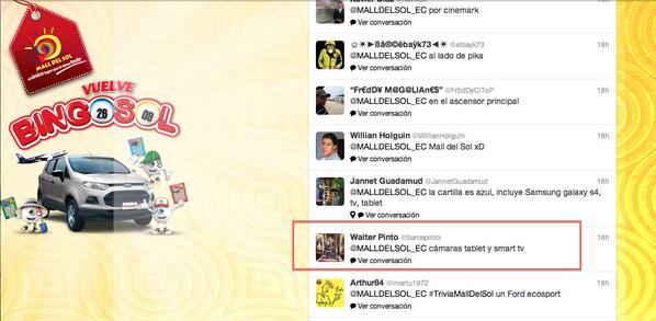 MALLDELSOL_EC's tweet photo. ¡Felicitaciones @barcepinto! Ganaste 2 PALCOS de #TriviaMallDelSol para el partido de Barcelona vs Independiente http://t.co/rntP5UvHMP