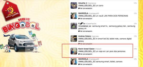 MALLDELSOL_EC's tweet photo. ¡Felicitaciones @KeisxD! Ganaste 2 PALCOS de #TriviaMallDelSol para el partido de Barcelona vs Independiente. http://t.co/kKKUTYqYgj
