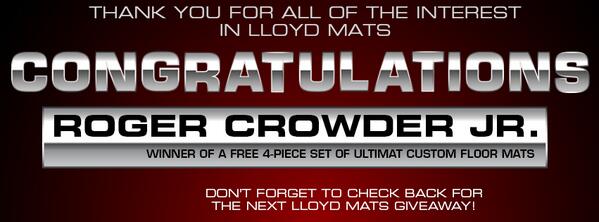 LloydMats's tweet photo. Congrats to Roger Crowder Jr., who won a FREE $155 set of custom floor mats, simply for liking Lloyd Mats on fb! http://t.co/2Pxv9ZMXCi
