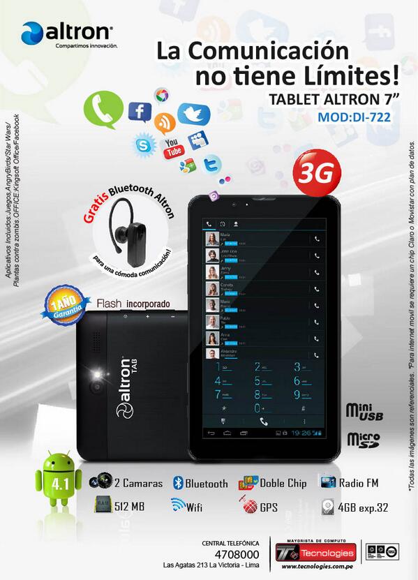 AltronTab's tweet image. LLego nuestro nuevo Modelo  Tablet Altron 3G 722 ...Consultas y pedidos al 470-8000- Anexo 127