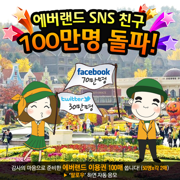 withEverland's tweet photo. ★100만 명 돌파★  페이스북 70만, 트위터 30만 친구 여러분께 감사드리며 에버랜드 이용권 100매 쏩니다!! 팔로우만 하면 참여 완료~♥ 10/1, http://t.co/JzJbzZMDCk 에서 발표! http://t.co/KS2umCoMLx