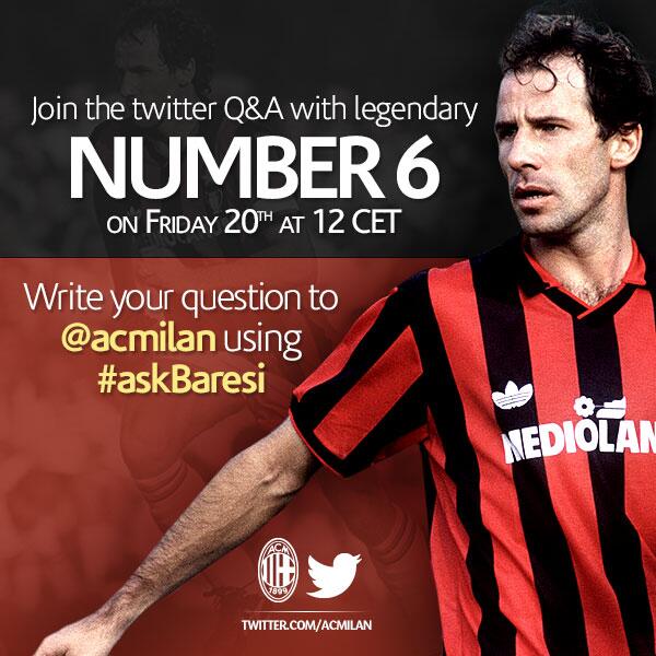 acmilan's tweet photo. Save the Date! Don't miss #askBaresi: the exclusive Q&amp;A with Franco will take place this Friday at 12 CET! http://t.co/3SErVuGEWE