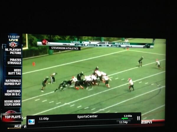Stevenson's Austin Tennessee makes sports centers top 10 with his 99 yard fumble return for a to <a href="/GoMustangSports/">Stevenson University Mustangs</a>