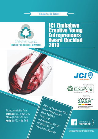 JCIZimCYEA's tweet photo. The Creative Young Entrepreneurs Award Cocktail is on next Saturday ,28th @ 6pm @ Meikles Hotel.Get your ticket now. http://t.co/oExl80HzBp