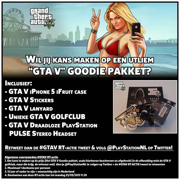 PlayStationNL's tweet photo. Wil jij kans maken op een ultiem #GTAV goodie pakket? RT &amp; Volg ons! http://t.co/I1VdRMZ0kJ
