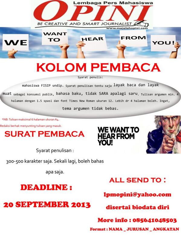 <a href="/FisipUndip12/">Fisip Undip 2012</a> Mengingatkan kembali utk kontribusi warga FISIP UNDIP di majalah OPINI sampai hari Jumat 20September