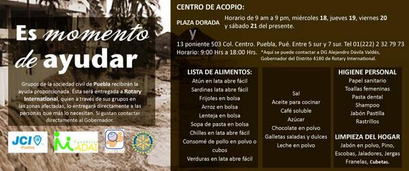 TrueQMx_Puebla's tweet photo. Centro de Acopio en apoyo a nuestros hermanos. #PlazaDorada #Puebla 9am-9pm 18,19,10y21sep @JCIPuebla @carlo_rossano http://t.co/B9PBvX7OSS