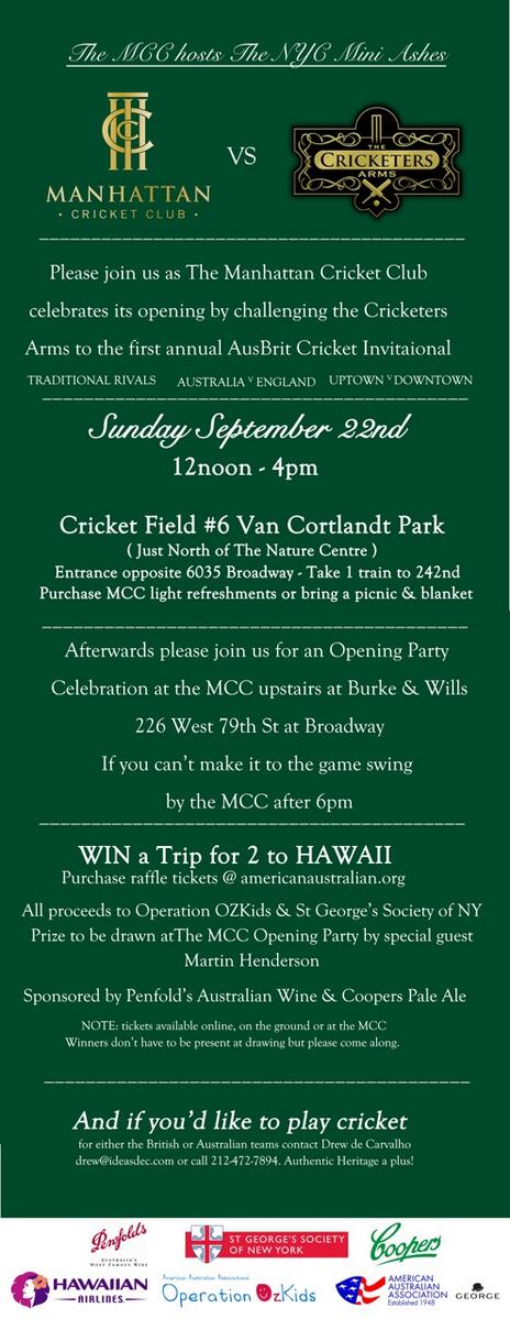 Anyone for cricket in New York? <a href="/NYCGeorge/">St. George's Society</a>  <a href="/markbutcher72/">mark butcher</a>