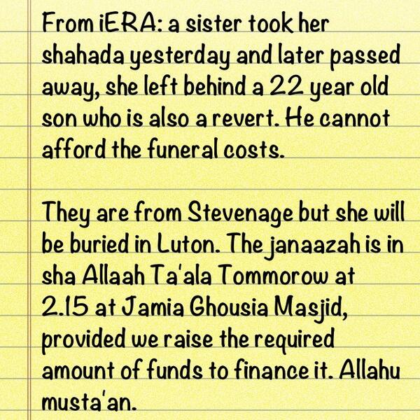 fuaadhh's tweet photo. Revert sister who passed away needs money for her burial! Please donate and if not atleast have the heart to RT (p1 http://t.co/fJNpFa7UBL