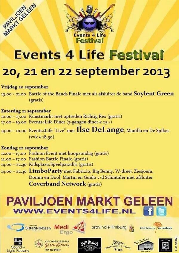 Dit weekend is het tijd voor het @Events_4_Life #Festival op de markt in #Geleen. Bekijk hier het programma: