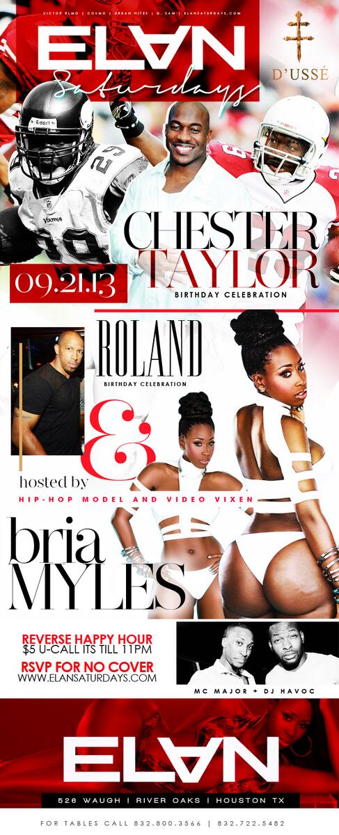 Dsam09's tweet photo. NFL LEGEND CHESTER TAYLOR BIRTHDAY SATURDAY @ #ELANLOUNGE + MODEL/VIXEN BRIA MYLES! RSVP NOW! http://t.co/enRMxrscqV