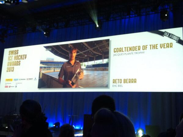 SteffiBuchli's tweet photo. Congrats @RetoBerra! Goaltender of the year @SwissIceHockey #awards. (Super Hallenführung. Ein Entertainer! :)) http://t.co/fO0UFp3rcv